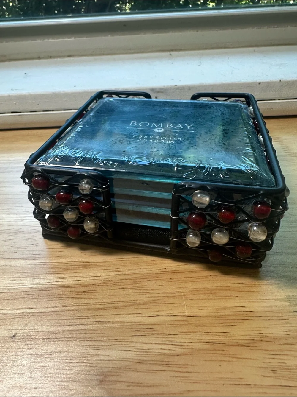Bombay Co beaded caddy with four glass 2 x 5” x 2 x 5” photo coaster set